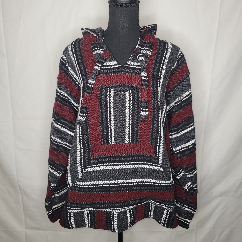 Earth Ragz Baja Hoodie Pullover Poncho‎ Striped Burgundy Gray White Size M